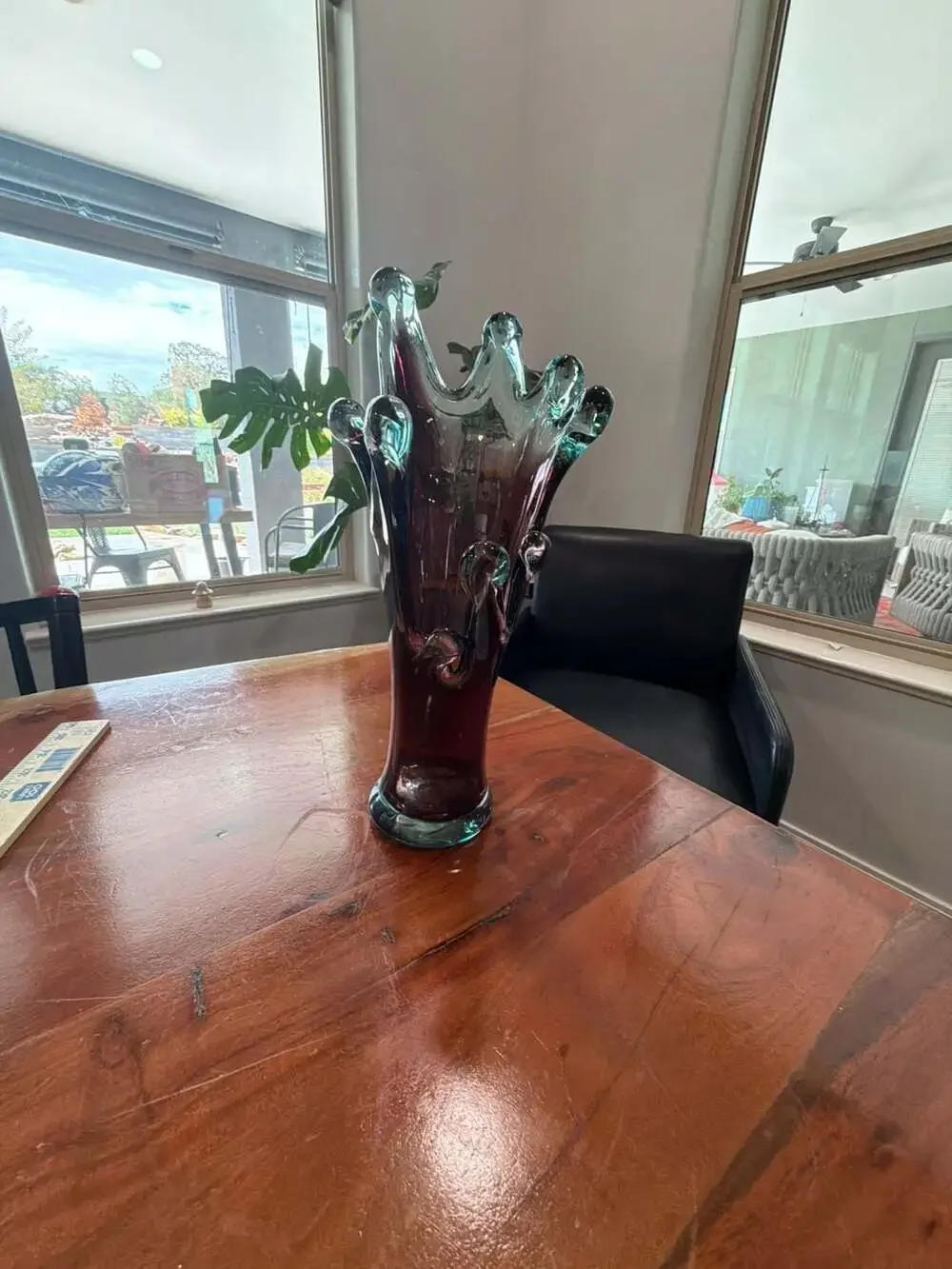 Vintage Murano Art Glass Swung Vase in Turquoise and Amethyst